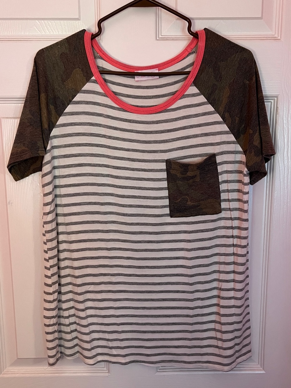 Women’s size Large Pink Lilly Striped Tee with Camo Accents and Pink Trim